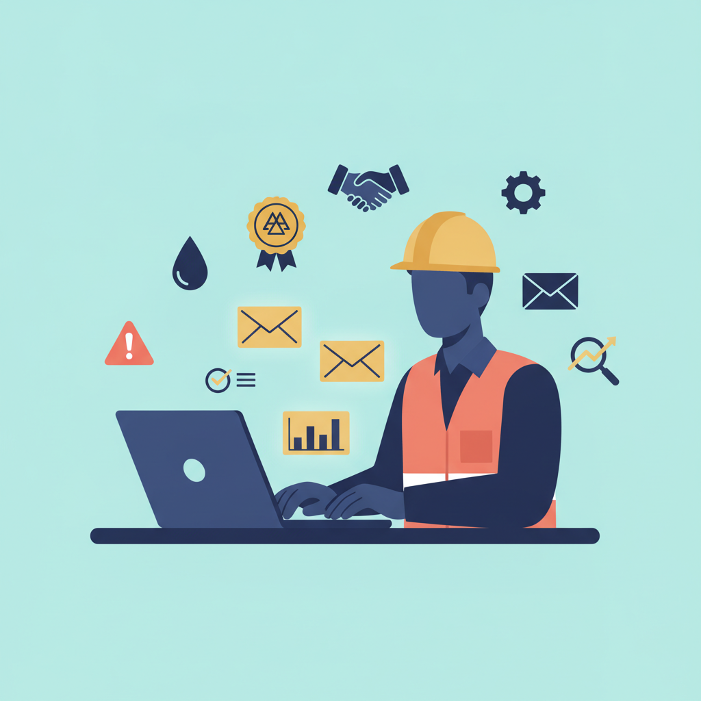 Flat vector illustration of a restoration business owner at a desk with a laptop and orbiting business icons.