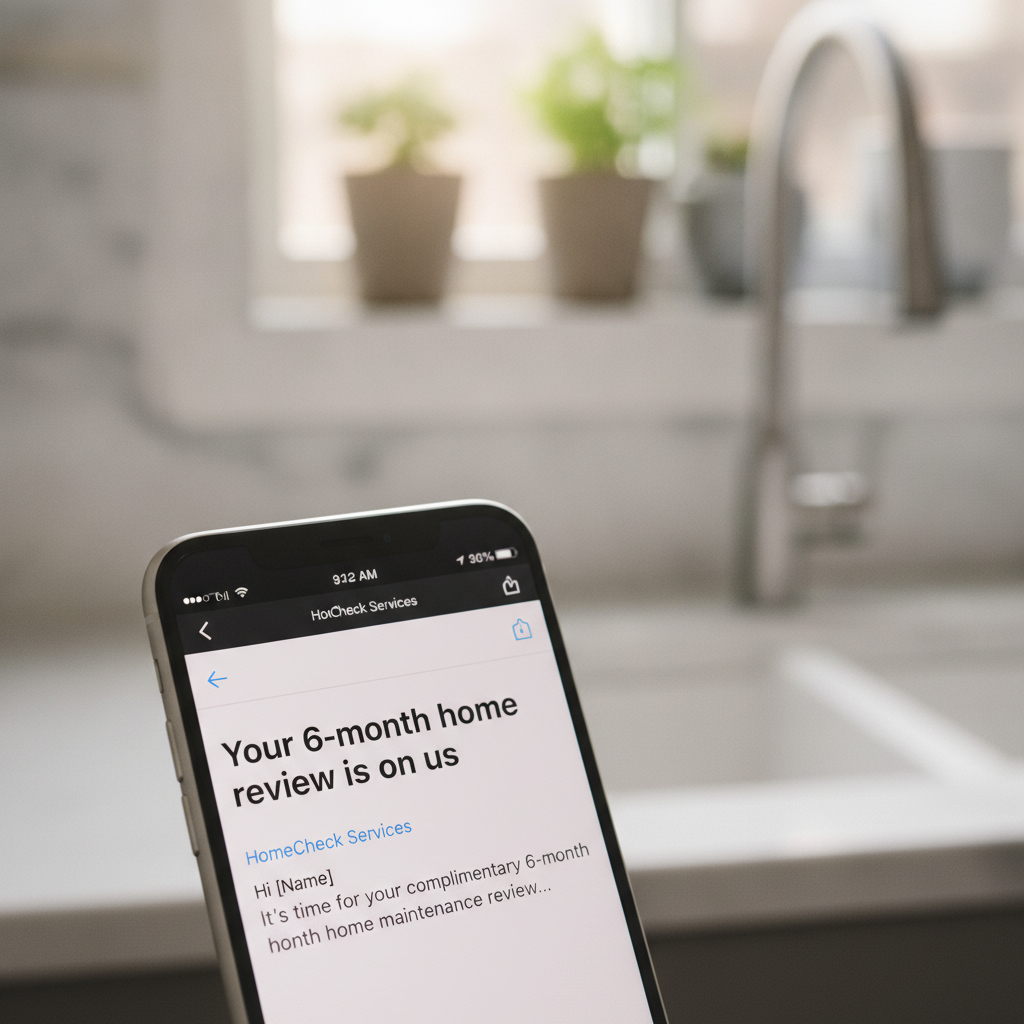 A smartphone displays an email about a 6-month home review against a blurred kitchen background with natural light.