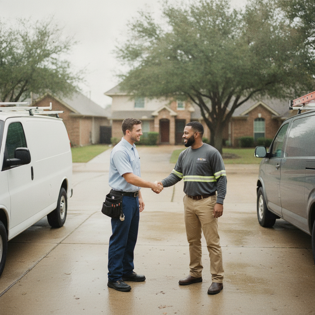 Plumber and restoration contractor shaking hands next to their service vans on a residential driveway.