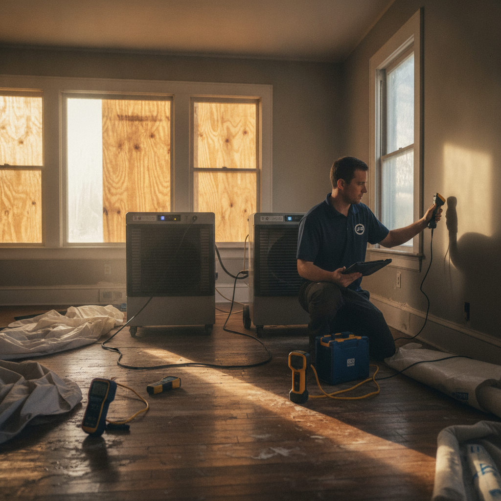 A technician documenting readings in a water-damaged living room mid-restoration with dehumidifiers and moisture meters.