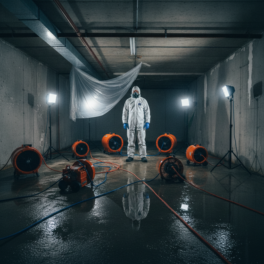 A restoration technician in a white Tyvek suit stands in a water-damaged basement, surrounded by industrial dehumidifiers.