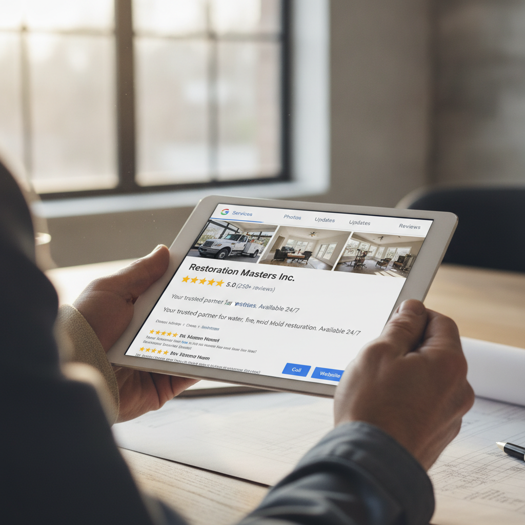 Close-up of hands holding a tablet showing a 5-star Google Business Profile for a restoration company in an office.