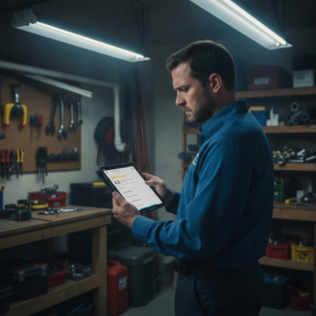 A plumber in uniform in a workshop, viewing a Google Business Profile dashboard with review stars on a tablet.