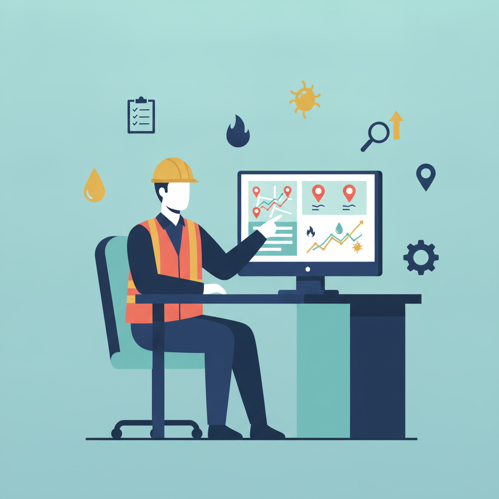 Flat vector illustration of a restoration company owner at a desk, pointing at a monitor displaying map packs and ranking charts.