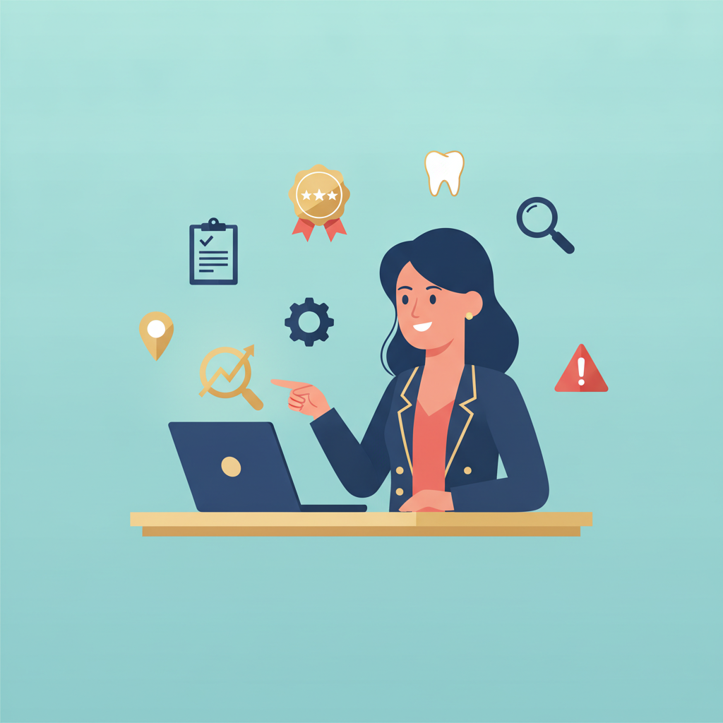 A confident dental practice owner points at a laptop surrounded by a map pin, five-star badge, clipboard, magnifying glass, gear, and tooth.