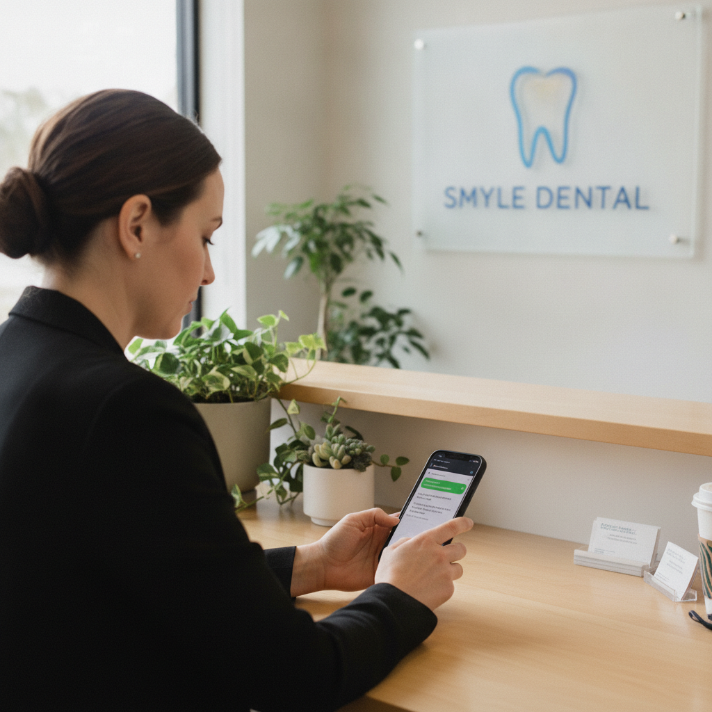 A dental office manager types a review request text on a smartphone at a reception desk with plants and a branded sign.