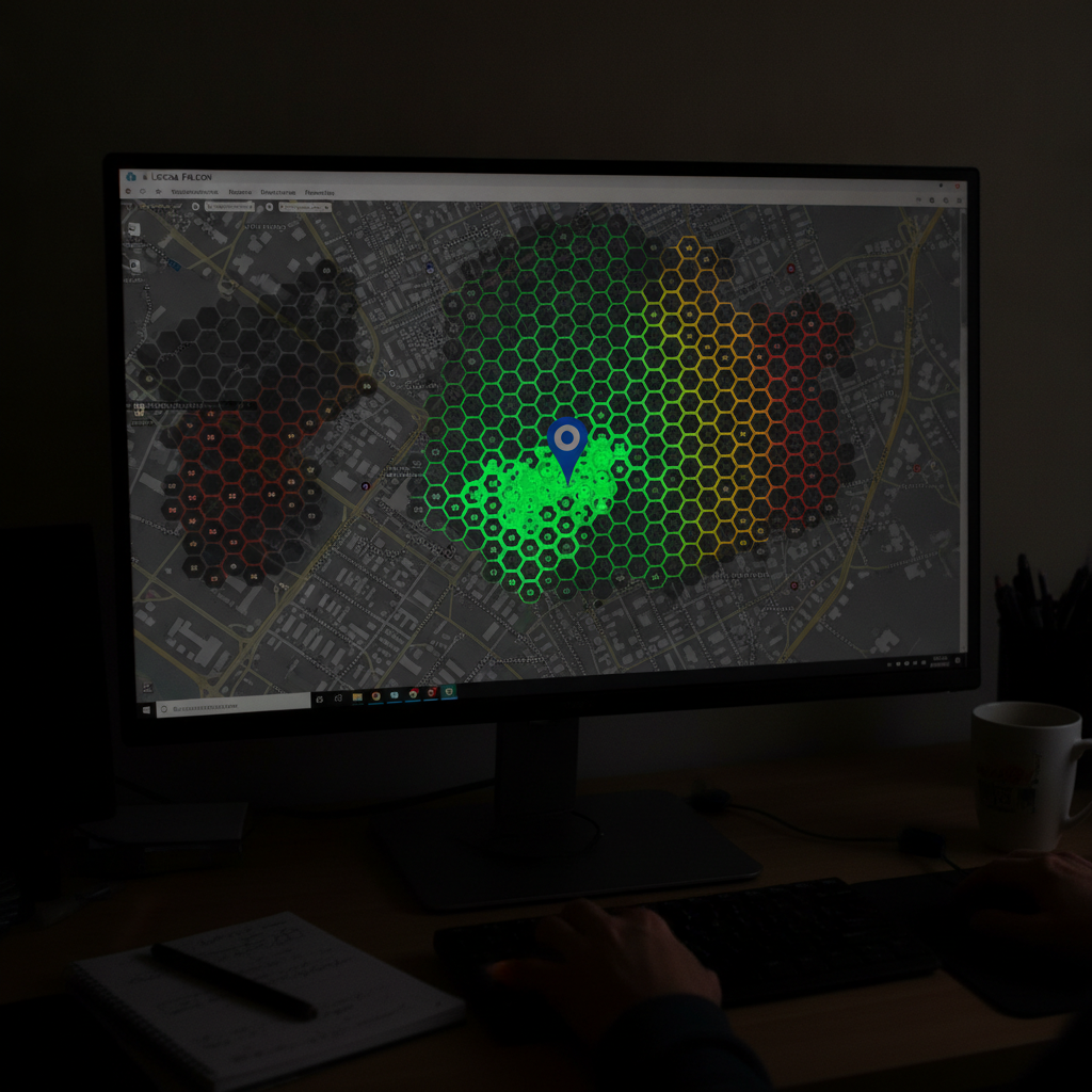 A desktop monitor in a dark room displays a Local Falcon heatmap showing high Google Map Pack rankings for a dental office.