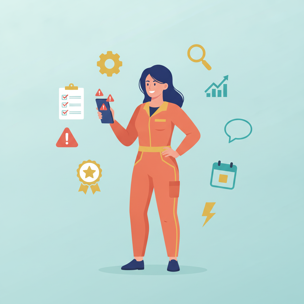 A confident home services contractor holding a phone with alerts, surrounded by icons like a gear, checklist, and star review badge.