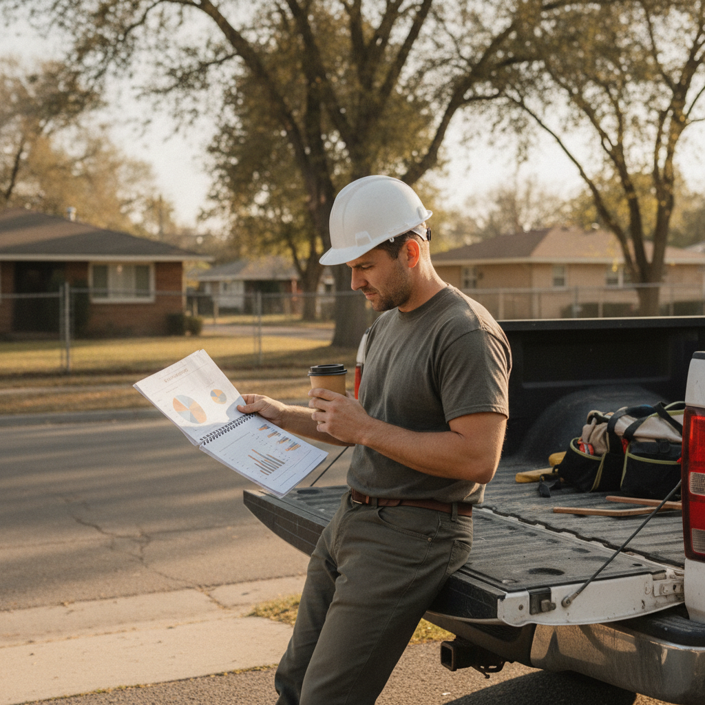 Contractor in hard hat reviewing marketing report on pickup tailgate, coffee in hand, residential morning background.