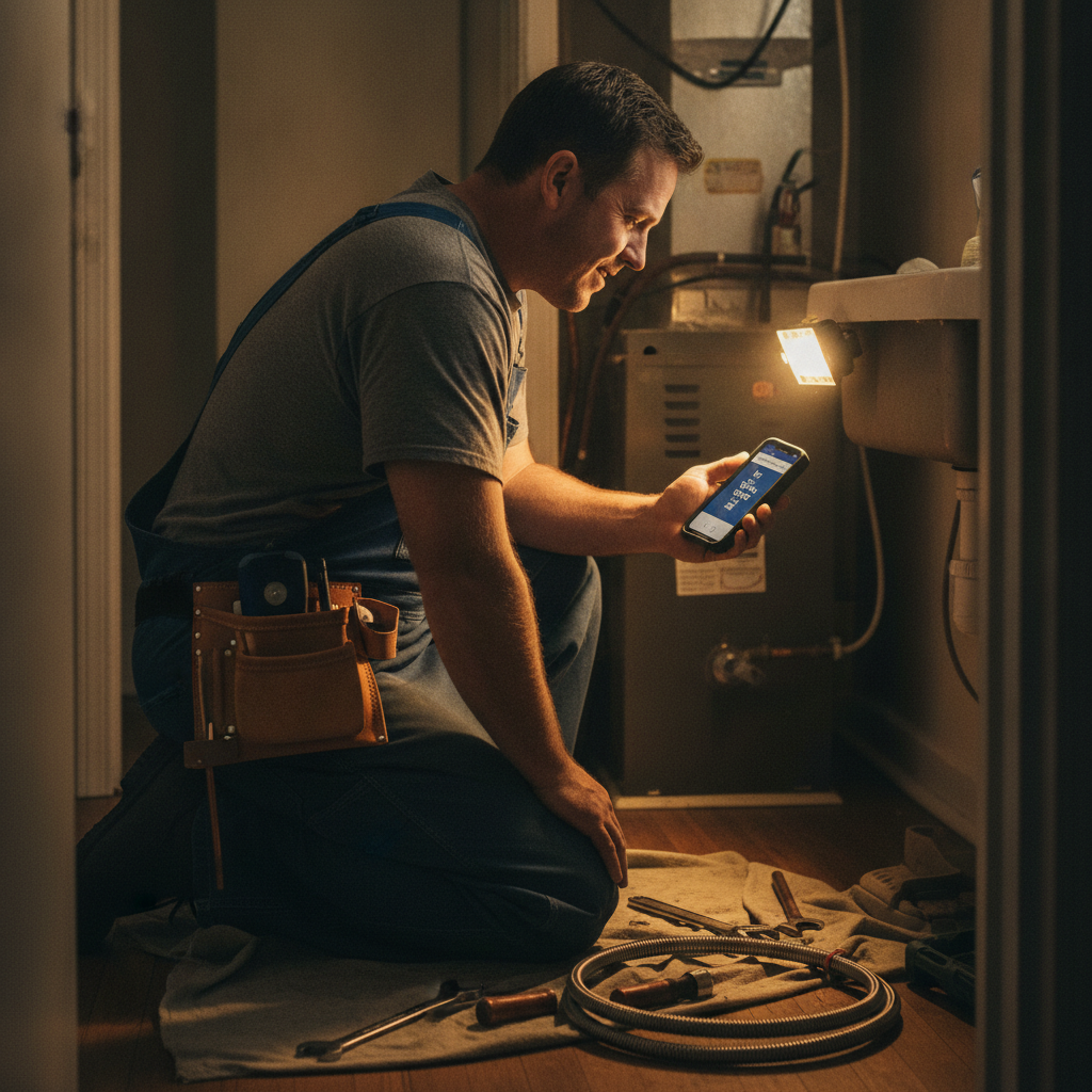 A smiling plumber checks his smartphone for a text message notification while crouching next to a furnace.