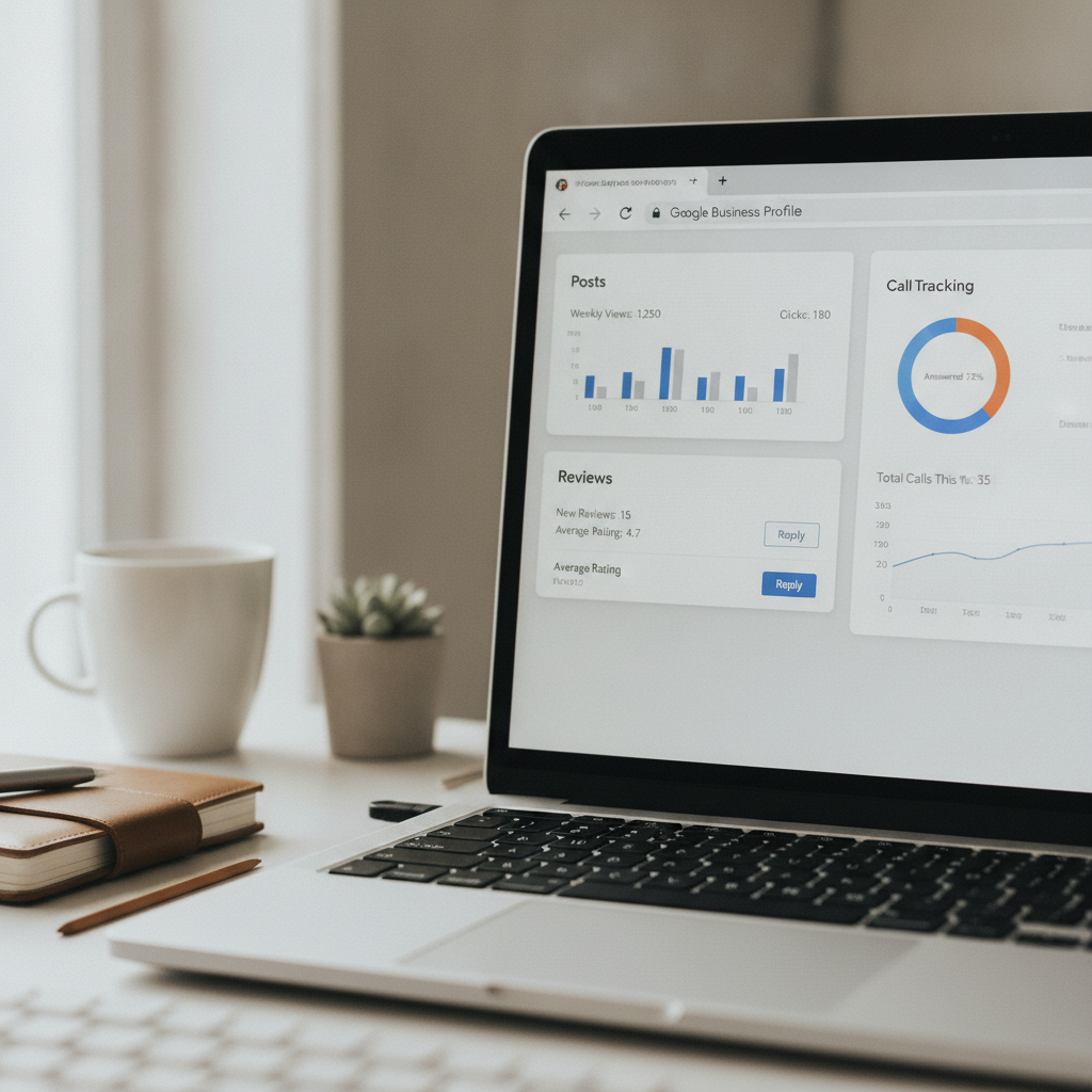 A laptop screen displaying a Google Business Profile dashboard with weekly post analytics, review responses, and a call-tracking chart.