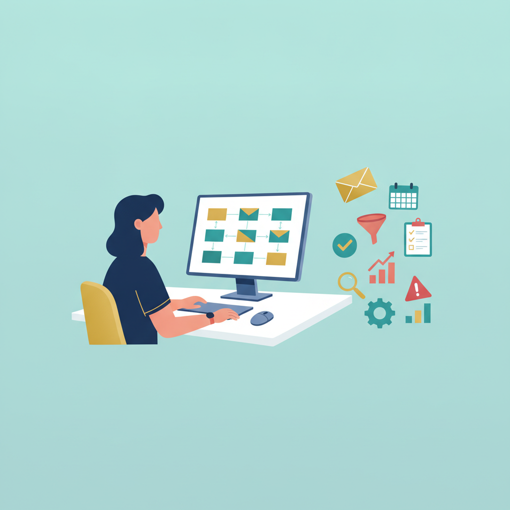 A marketing strategist at a desk, building an email automation workflow on a monitor, surrounded by icons.