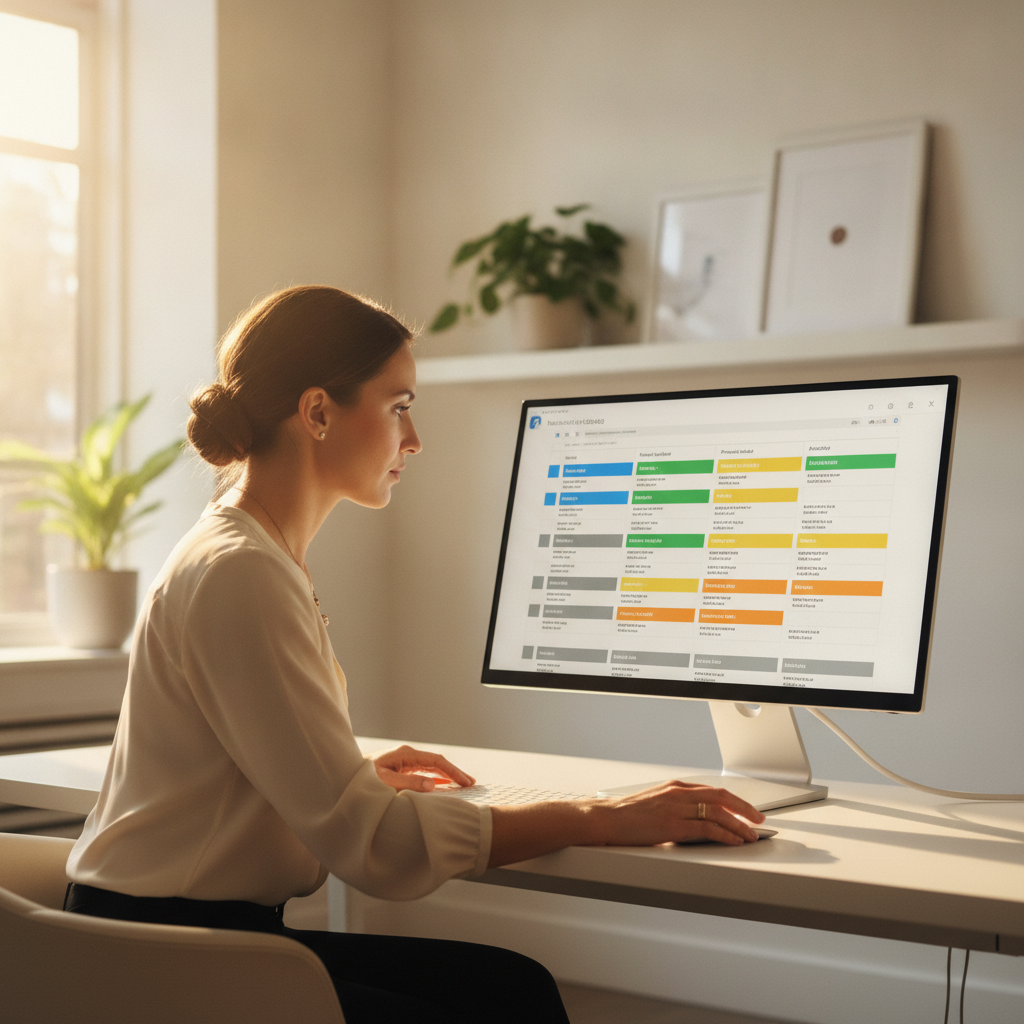 A plastic surgery practice coordinator reviews a CRM pipeline on a desktop screen in a bright, modern medical office.