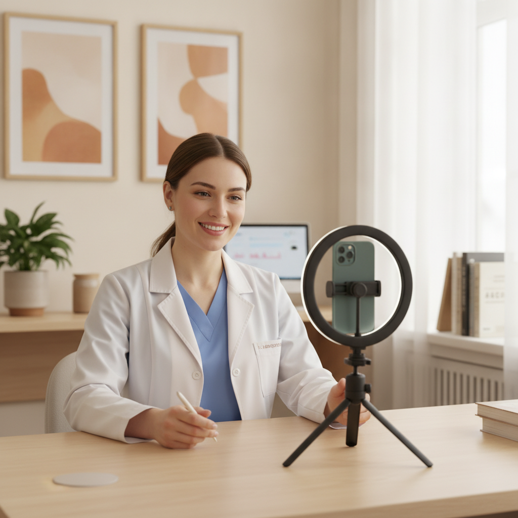 A female surgeon in a white coat records a video message in a clinic consultation room with warm tones.