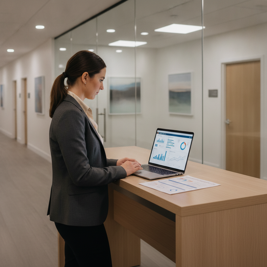 A practice manager at a standing desk reviewing email analytics on a laptop, with a printed conversion report nearby.