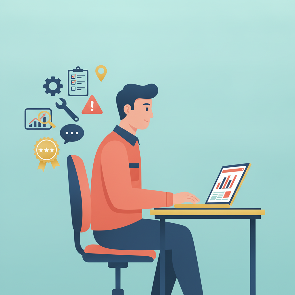 A flat vector illustration of a home services contractor at a desk with a laptop, surrounded by service-related icons.