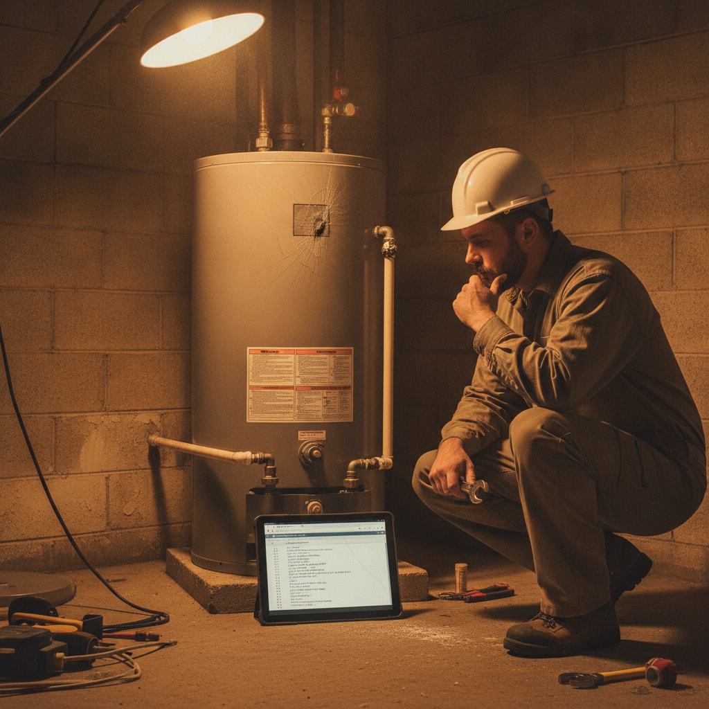 A contractor crouching next to a water heater in a utility room, a tablet displaying a robots.txt file.