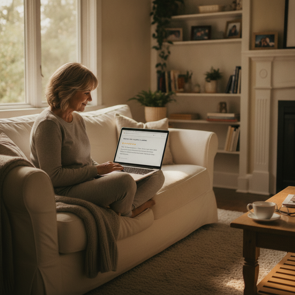 A homeowner smiles while reading a plumbing company's Google review response on a laptop in a cozy, sunlit living room.