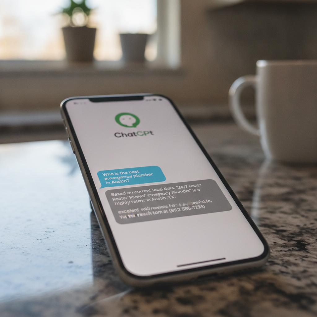 Close-up of a smartphone screen showing a ChatGPT conversation about finding an emergency plumber.