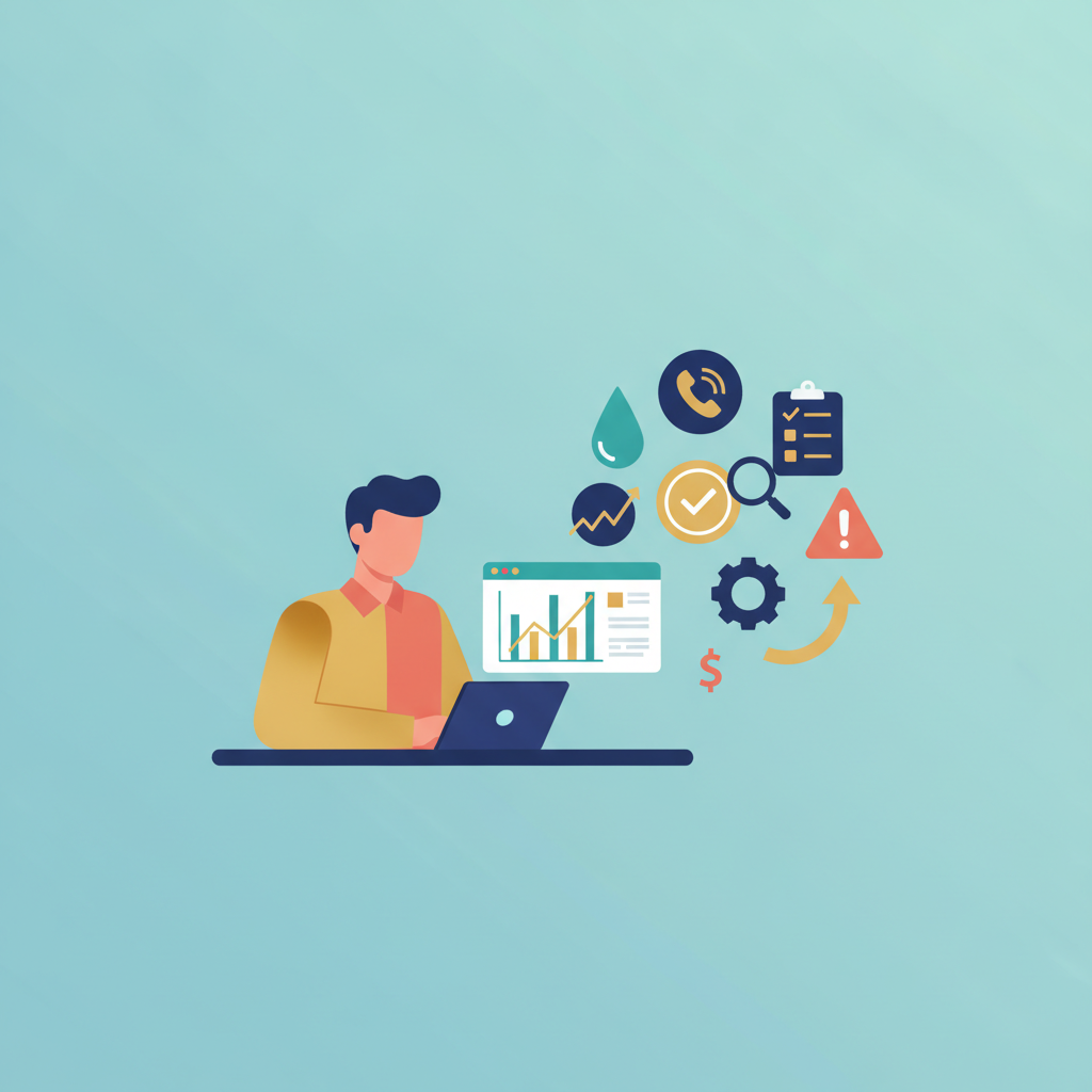 A flat vector illustration of a restoration contractor reviewing a PPC dashboard, surrounded by relevant icons.