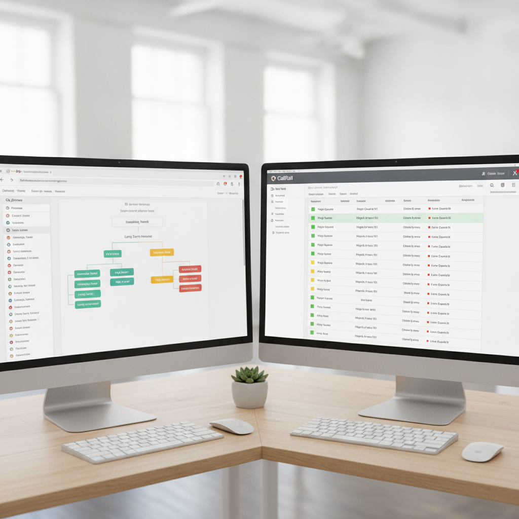 A split-screen desk setup showing a Google Ads campaign and a CallRail log in a professional office.