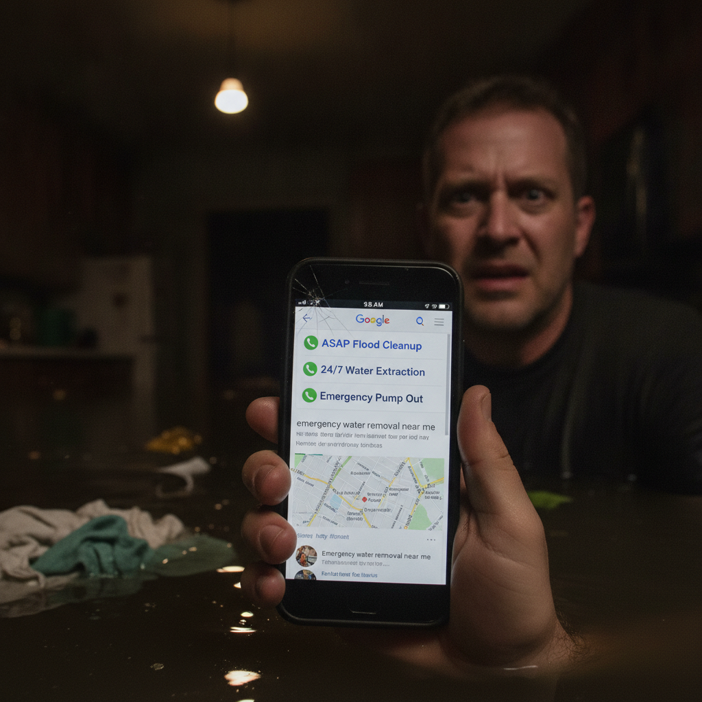 Stressed man in a flooded kitchen holds a smartphone displaying Google search results for "emergency water removal near me.
