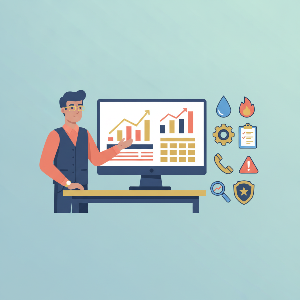 Flat vector illustration of a restoration business owner at a desk, gesturing at campaign graphs and bid schedules.