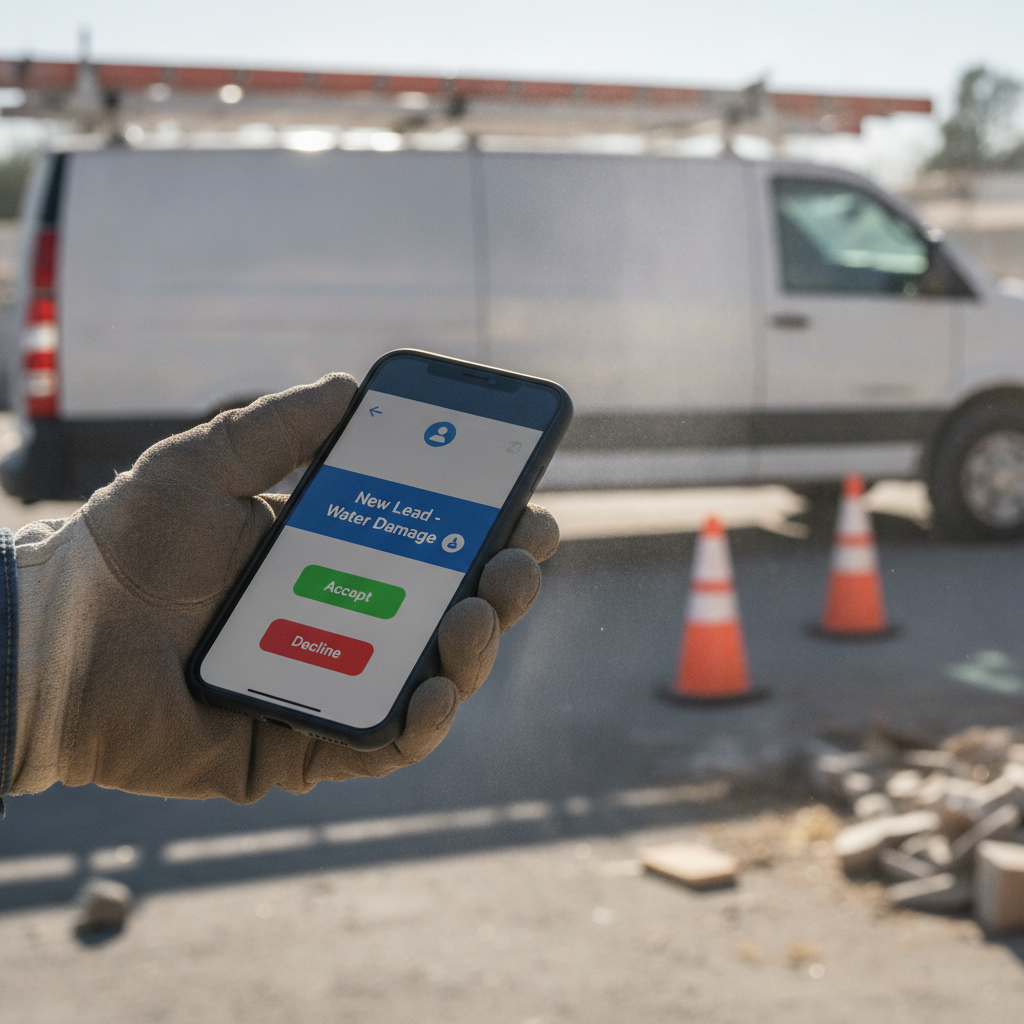 A contractor's hand holding a smartphone with a 'New Lead - Water Damage' call notification.