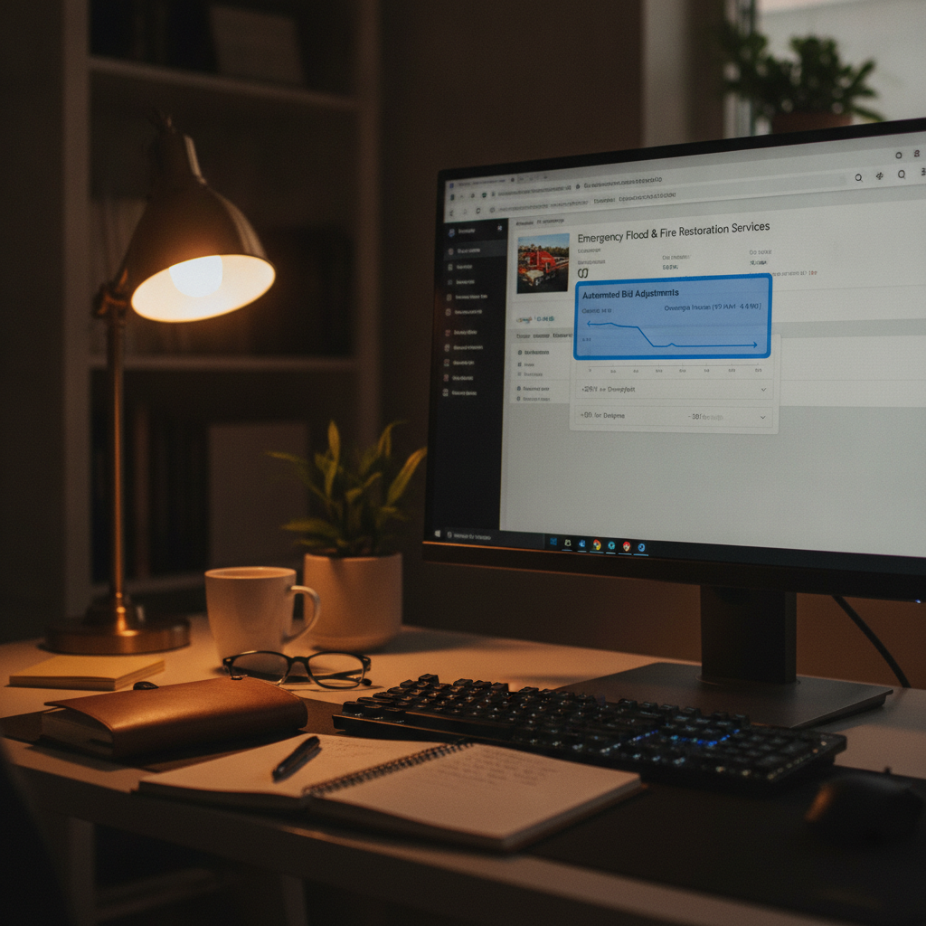A Google Ads dashboard on a monitor shows a restoration campaign with highlighted bid adjustments in a dimly lit home office.
