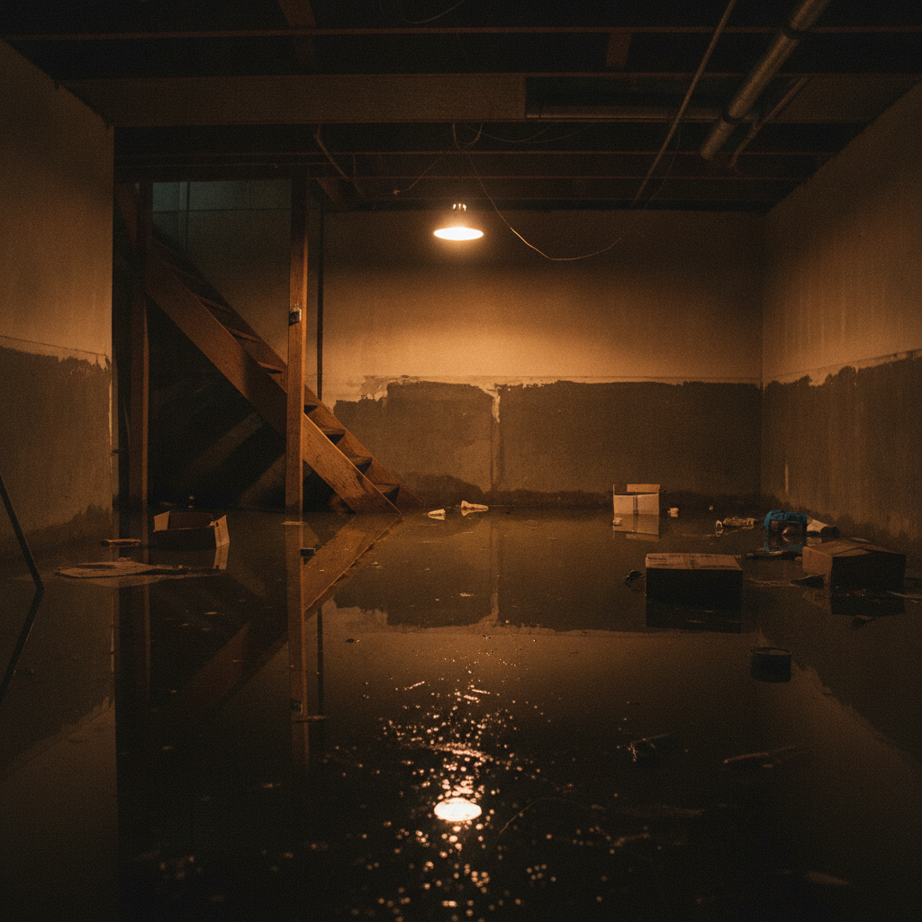 Wide-angle shot of a flooded residential basement at night, standing water reflecting a single overhead work light.