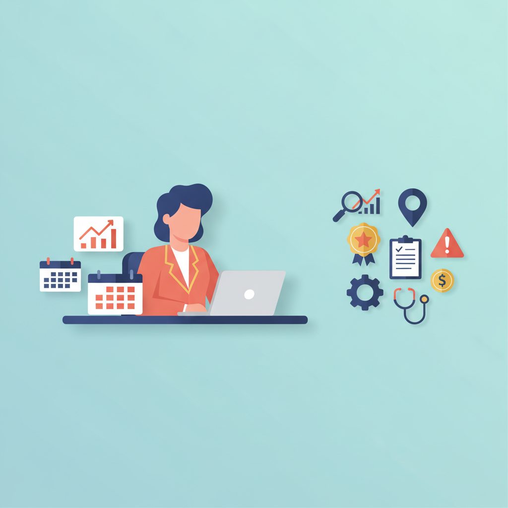 Flat vector illustration of a plastic surgeon at a desk with a laptop, charts, and calendar, with a cluster of icons.