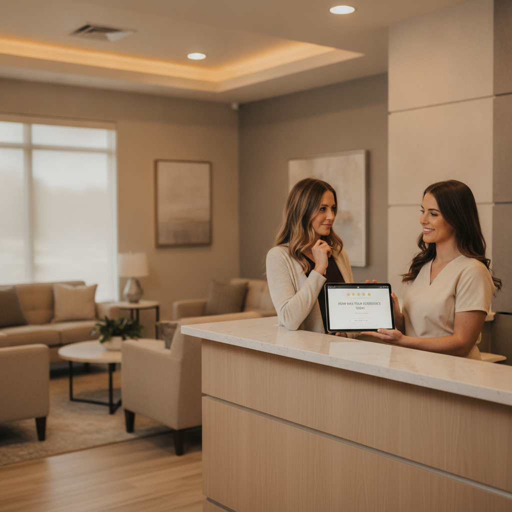 A plastic surgery clinic reception, a staff member is handing a tablet with a review request screen to a patient.