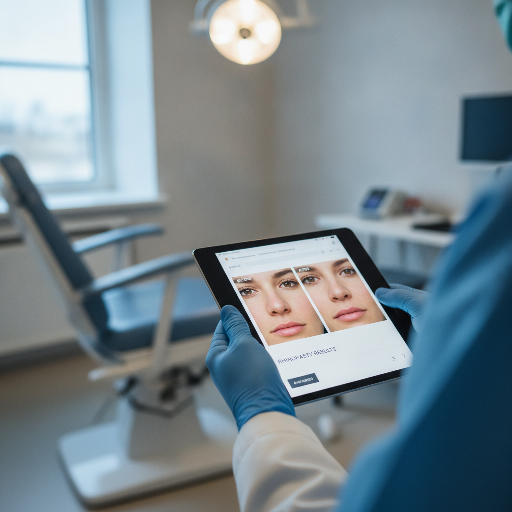 Surgeon's hands in blue gloves holding a tablet showing before-and-after rhinoplasty photos in a clinical exam room.
