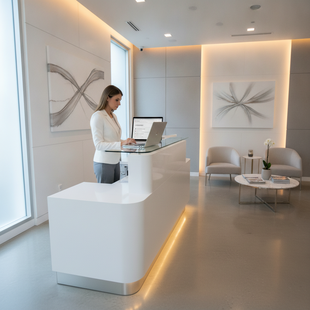 Modern plastic surgery clinic reception area with staff on a laptop, warm lighting, white and gray decor.