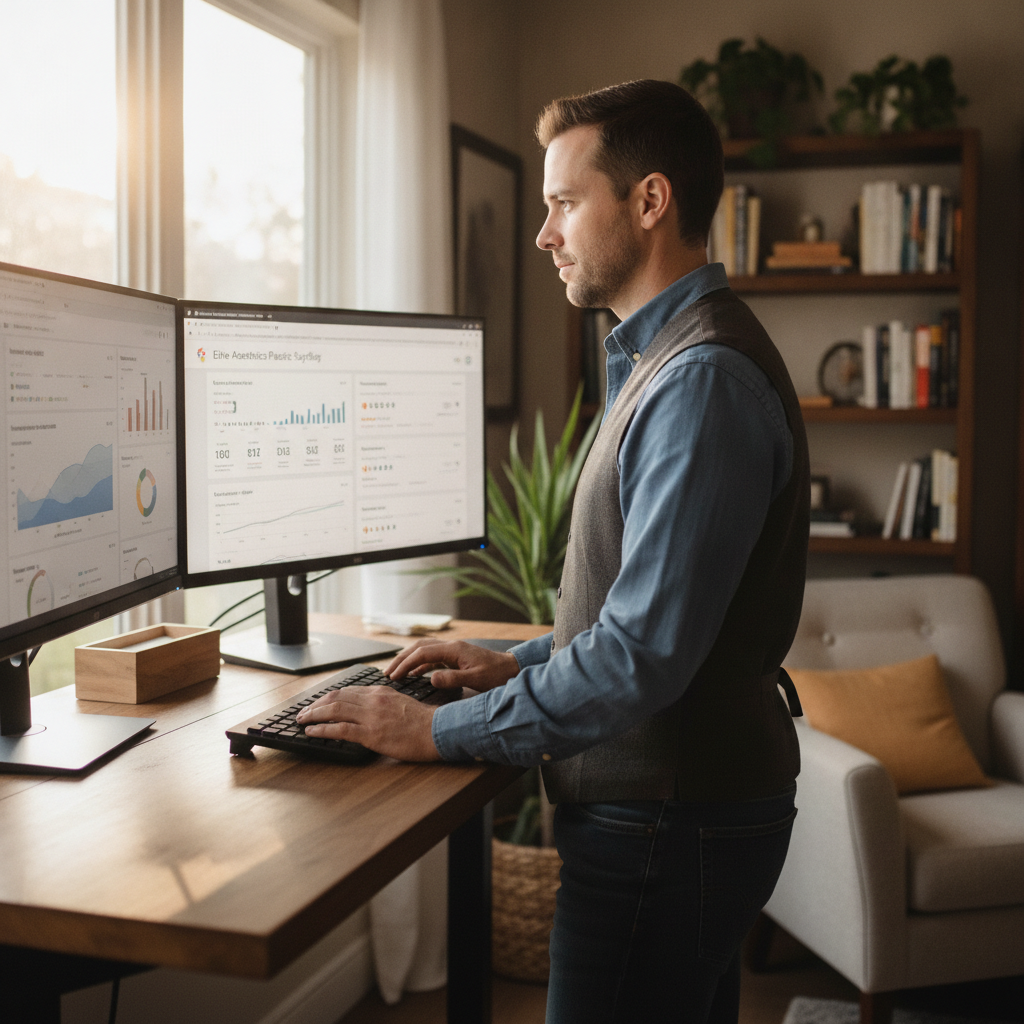 Marketing professional at standing desk, analyzing Google Analytics 4 and Business Profile data for a plastic surgery practice.