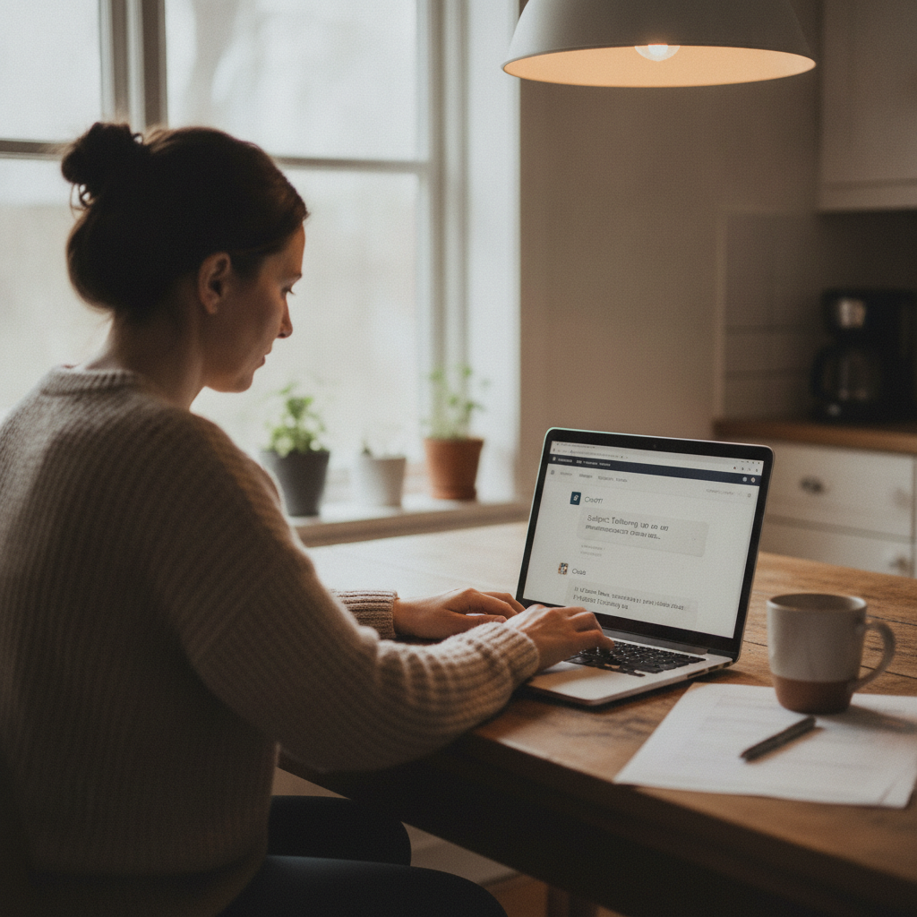 A small-business owner uses a laptop with a ChatGPT interface visible, drafting an email at a kitchen table.