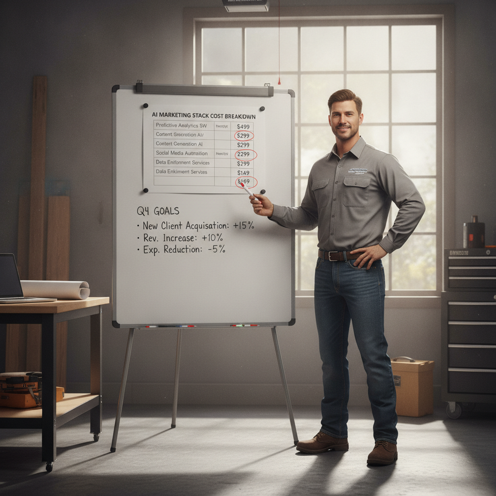 A confident contractor in a garage office points to an AI marketing stack cost breakdown on a whiteboard.