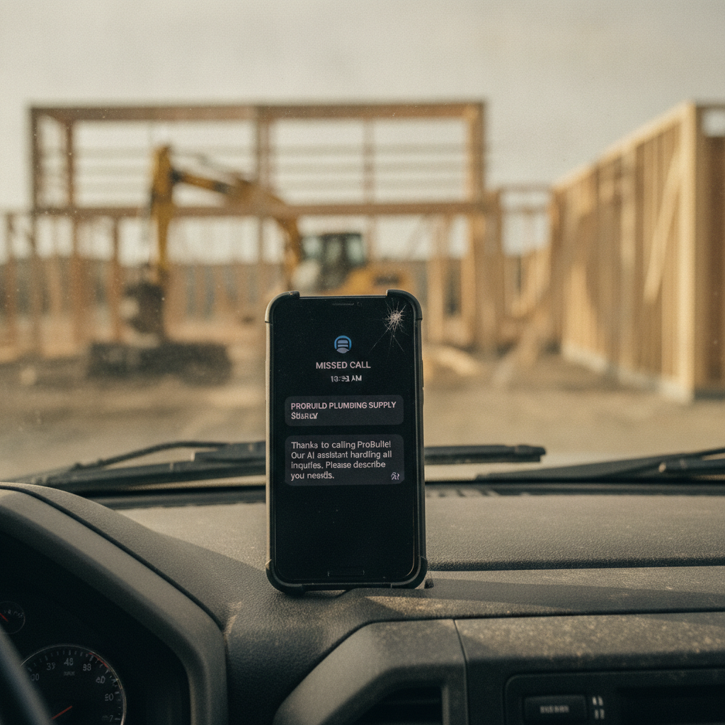 A contractor's smartphone screen with a missed call and AI text message, on a truck dashboard with a job site background.