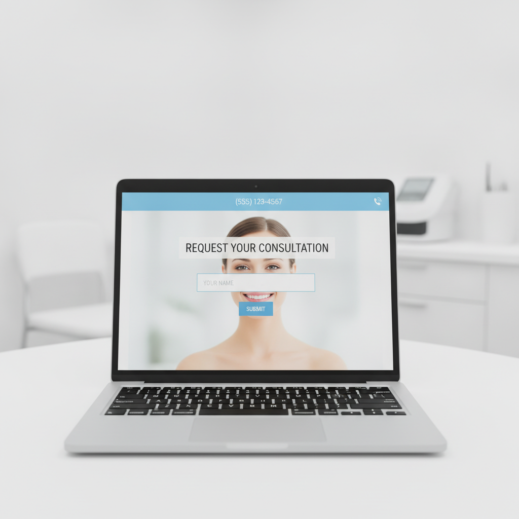 Laptop displaying a plastic surgery landing page with a consultation form, phone number, and a woman's face.