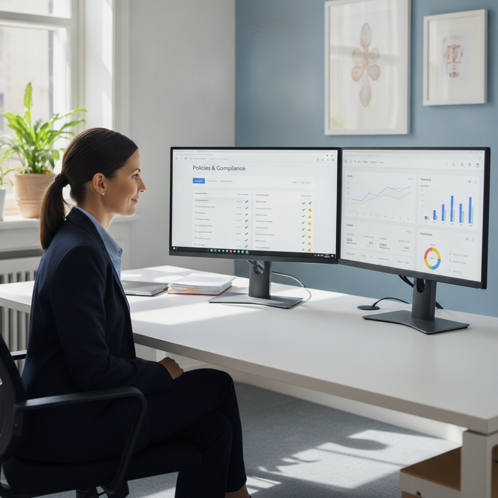 A woman office manager sitting at a clean desk with dual monitors, one showing a Google Ads screen, the other a GA4 dashboard.