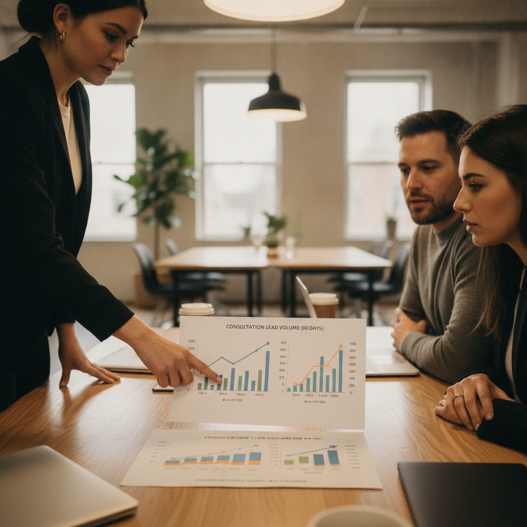 A marketing agency team reviews a PPC performance report showing consultation lead volume charts in a modern office.