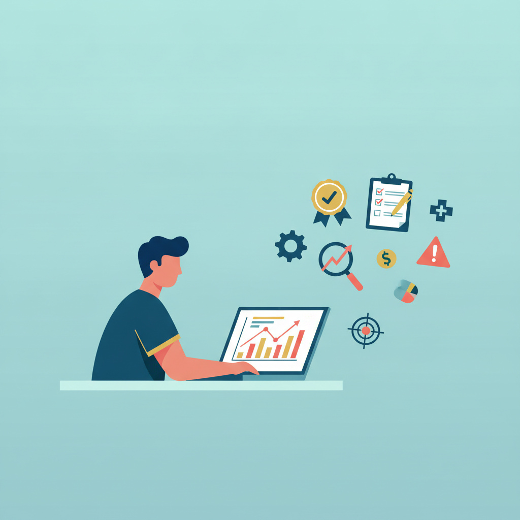 A flat vector illustration of a plastic surgeon in scrubs reviewing a laptop with Google Ads graphs, surrounded by icons.