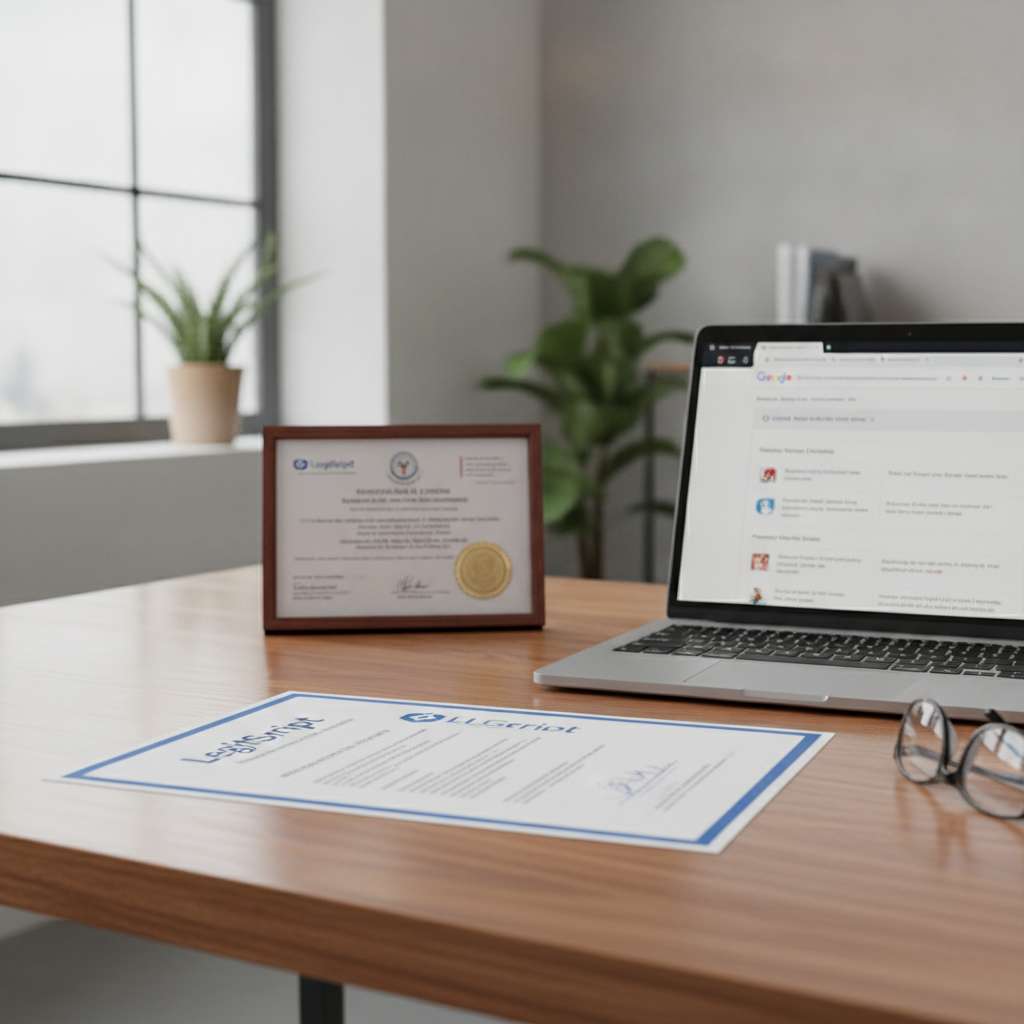 A desk with a LegitScript certificate, medical license, laptop displaying Google Ads policy, in a clean office.