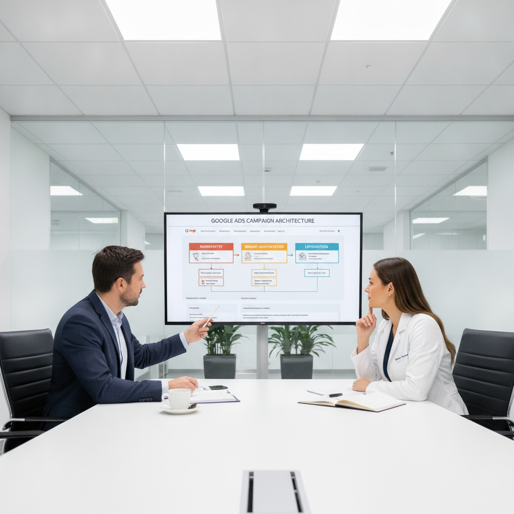 A digital marketer and plastic surgeon discussing Google Ads campaigns for medical procedures in a modern office.