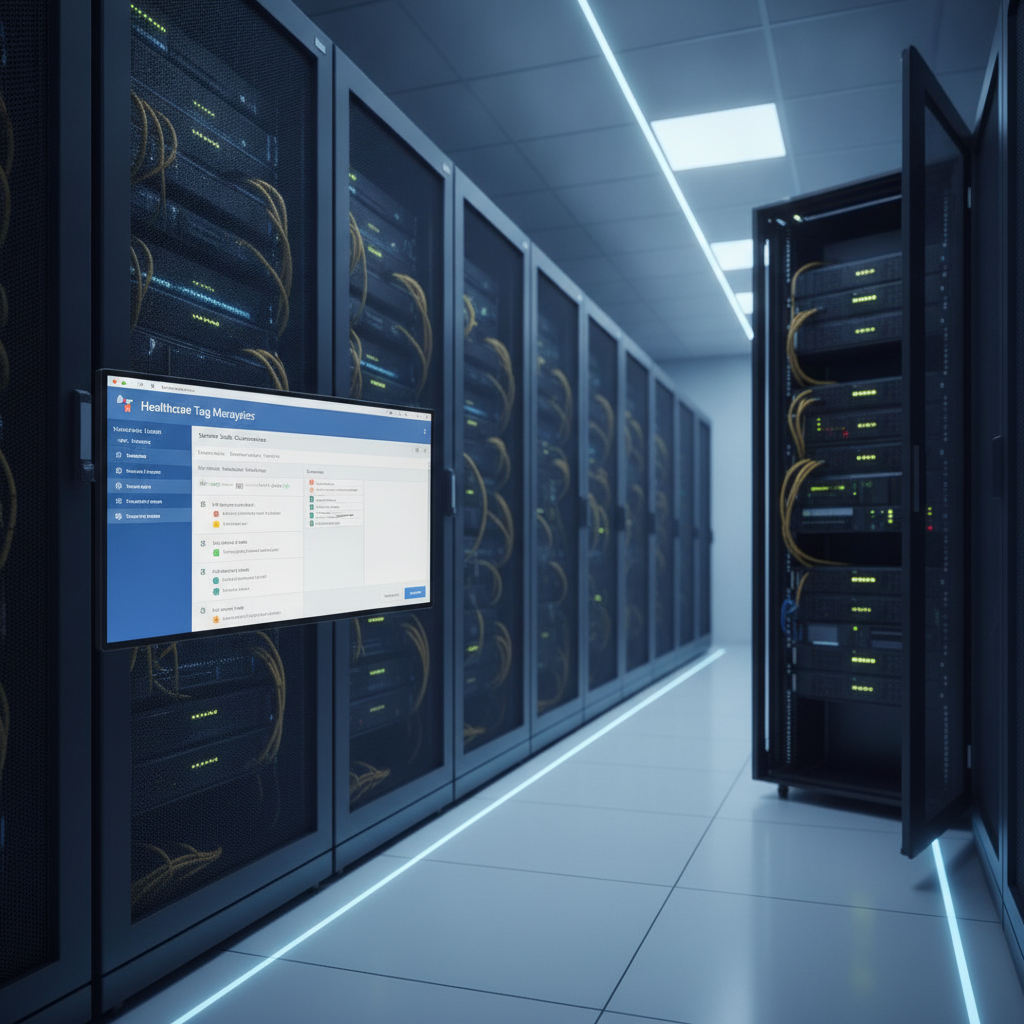 Server racks in a cool blue data center with a monitor displaying Google Tag Manager for healthcare conversion tracking.