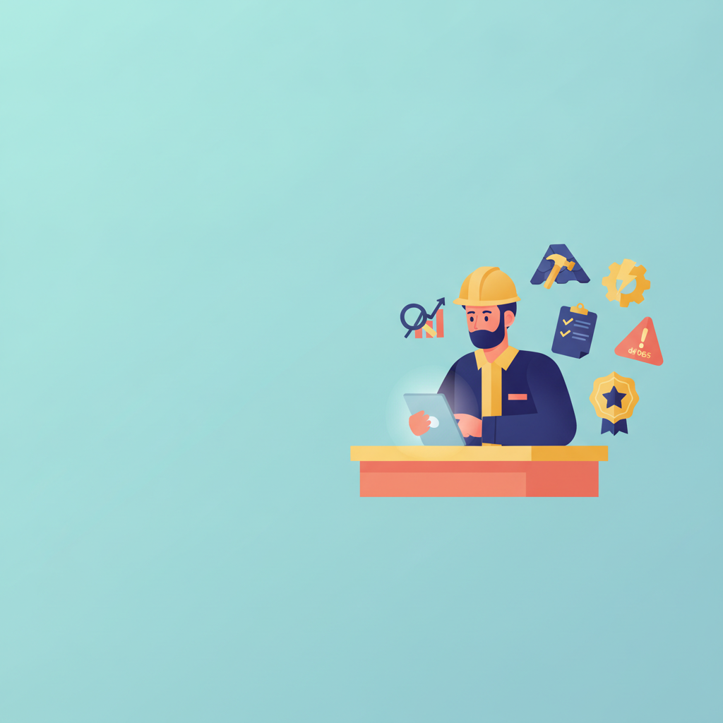 A flat vector illustration of a male contractor in a hard hat at a desk with a tablet, surrounded by service icons.
