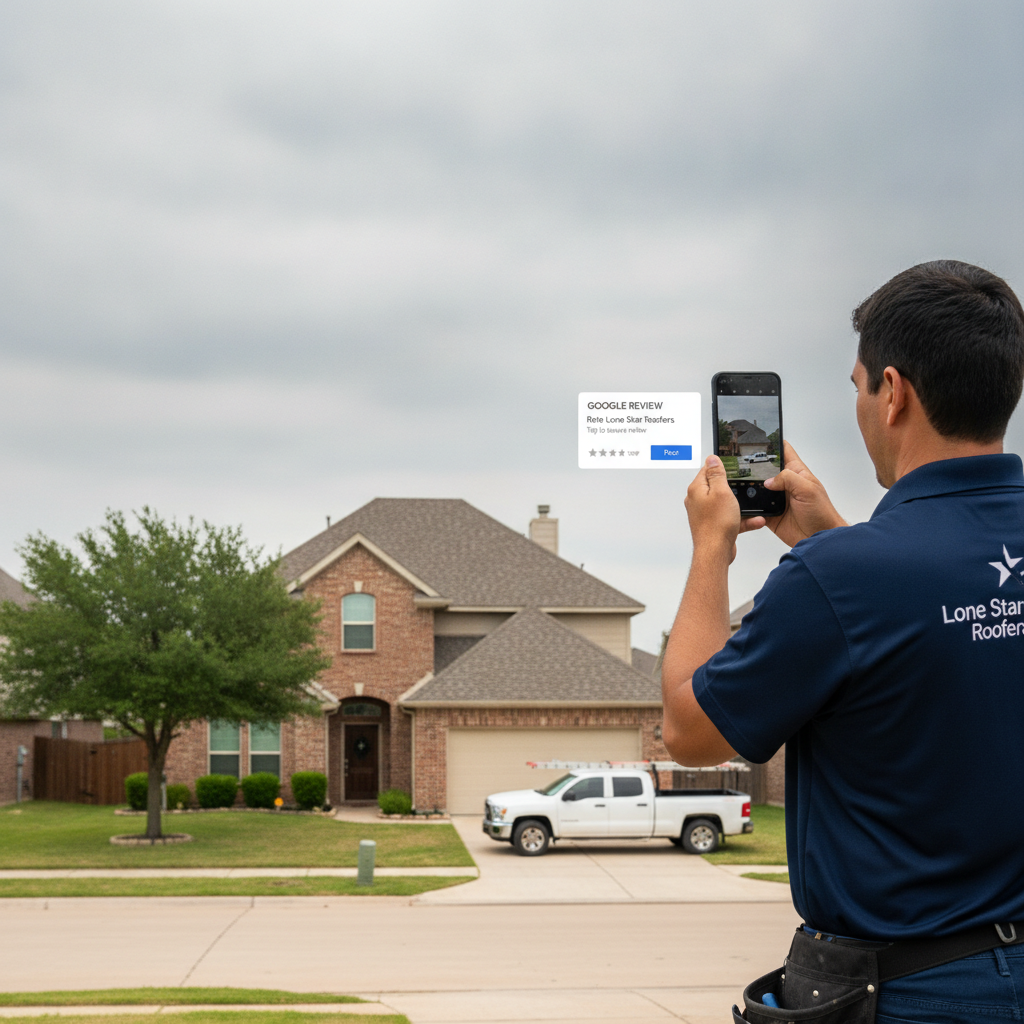 A contractor photographs a finished roof with his phone, displaying a Google Business Profile review request notification.
