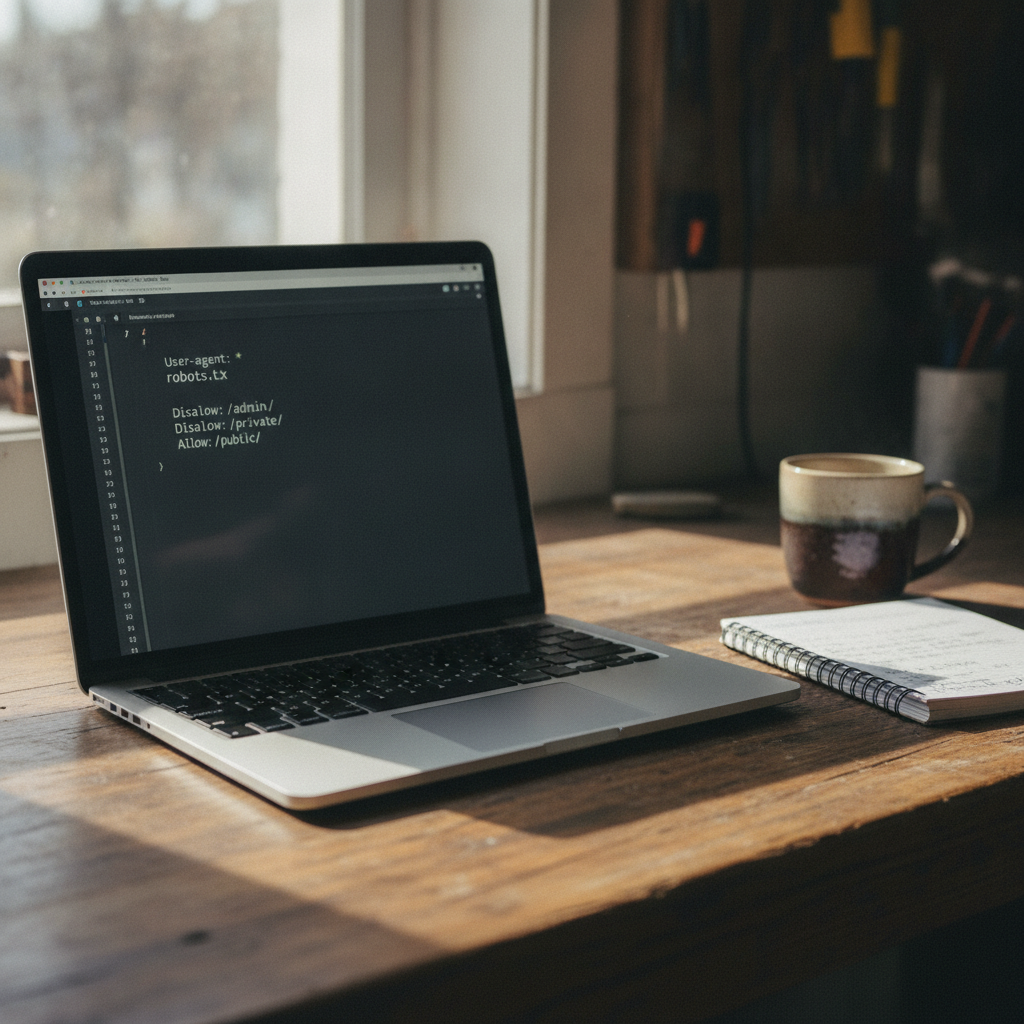 Laptop with robots.txt on screen, notebook, and coffee on a sunlit wooden workbench, documentary style.