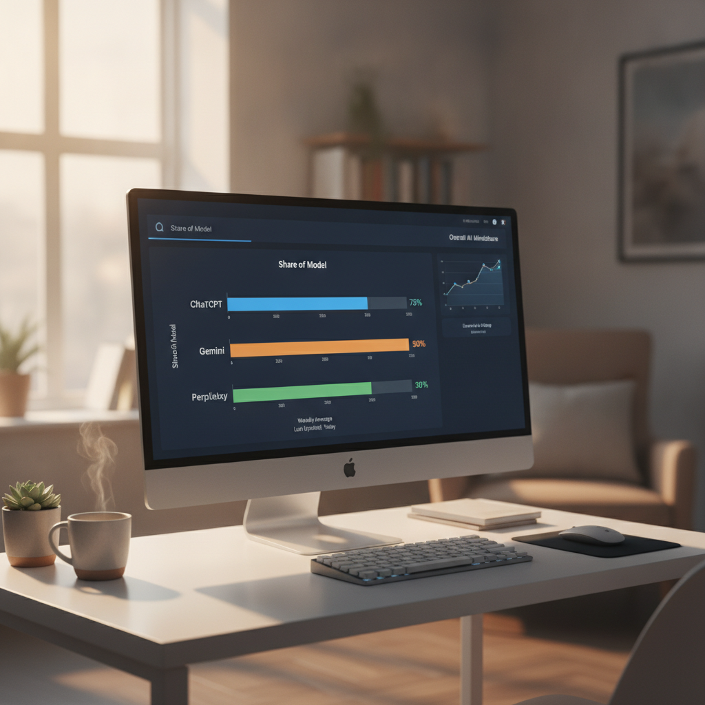 Desktop monitor displaying an AI visibility dashboard in a clean home-office setting with warm ambient light.