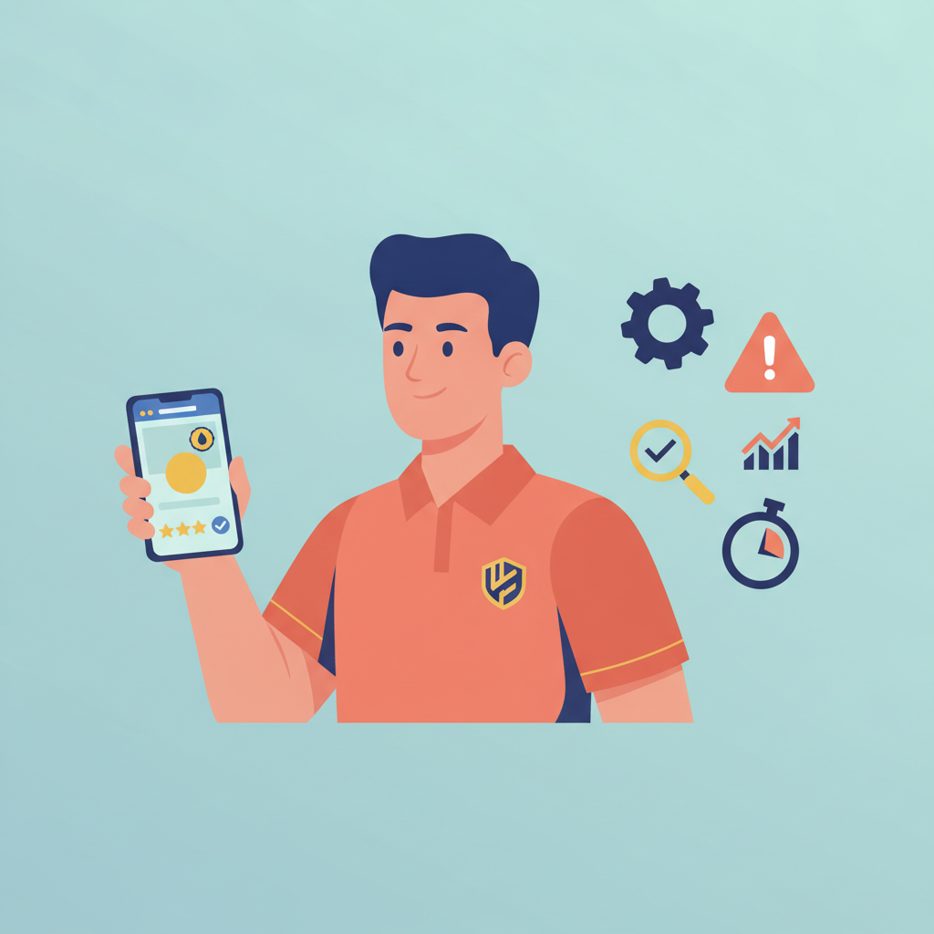 Flat vector illustration of a restoration contractor holding a smartphone, with various construction and service-related icons.